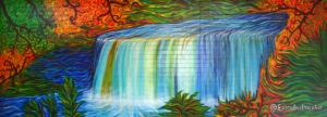 Impressionist painting of the upper falls of the Tahquamenon River in the Upper Peninsula